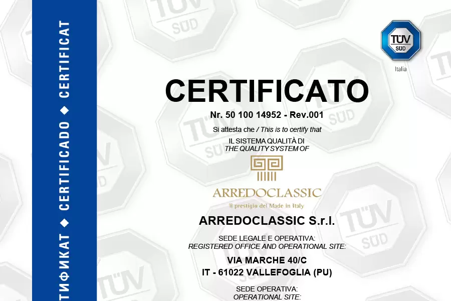 Arredoclassic ha conseguito la certificazione UNI EN ISO 9001:2015